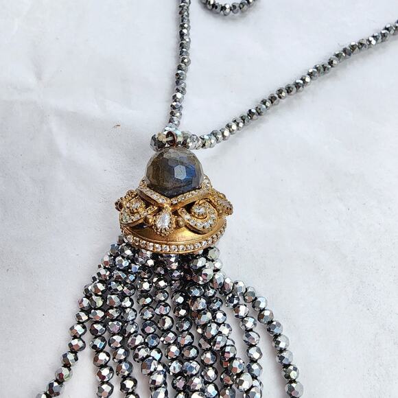 Bohemian neckline long tassel beaded Labradorite crystal gray silver coastal - Picture 3 of 7